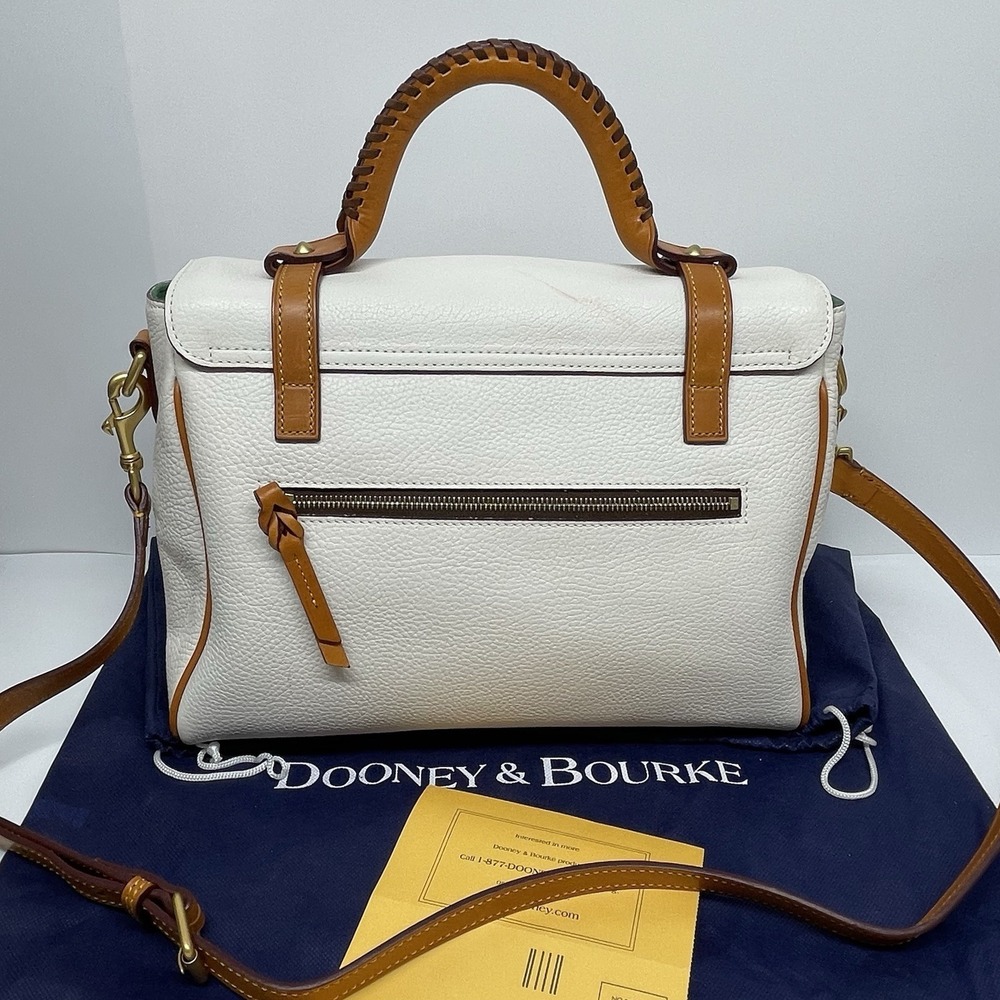 Dooney & Bourke Flap Tab Satchel Pebbled Leather Crossbody Off White & Natural - Picture 2 of 16